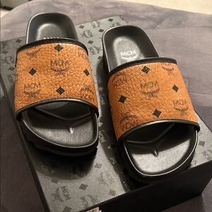 MCM Tan and Black Men's Slides